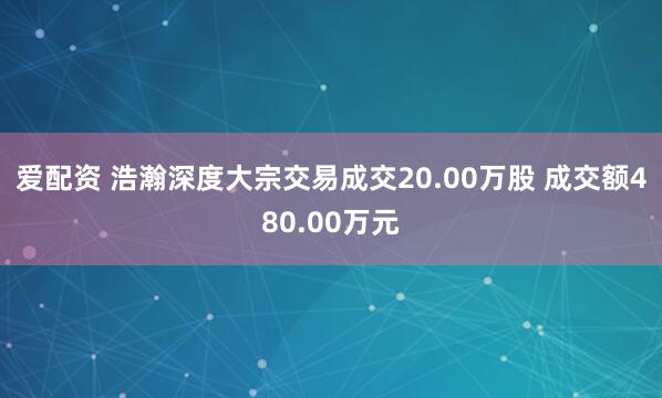 爱配资 浩瀚深度大宗交易成交20.00万股 成交额480.00万元